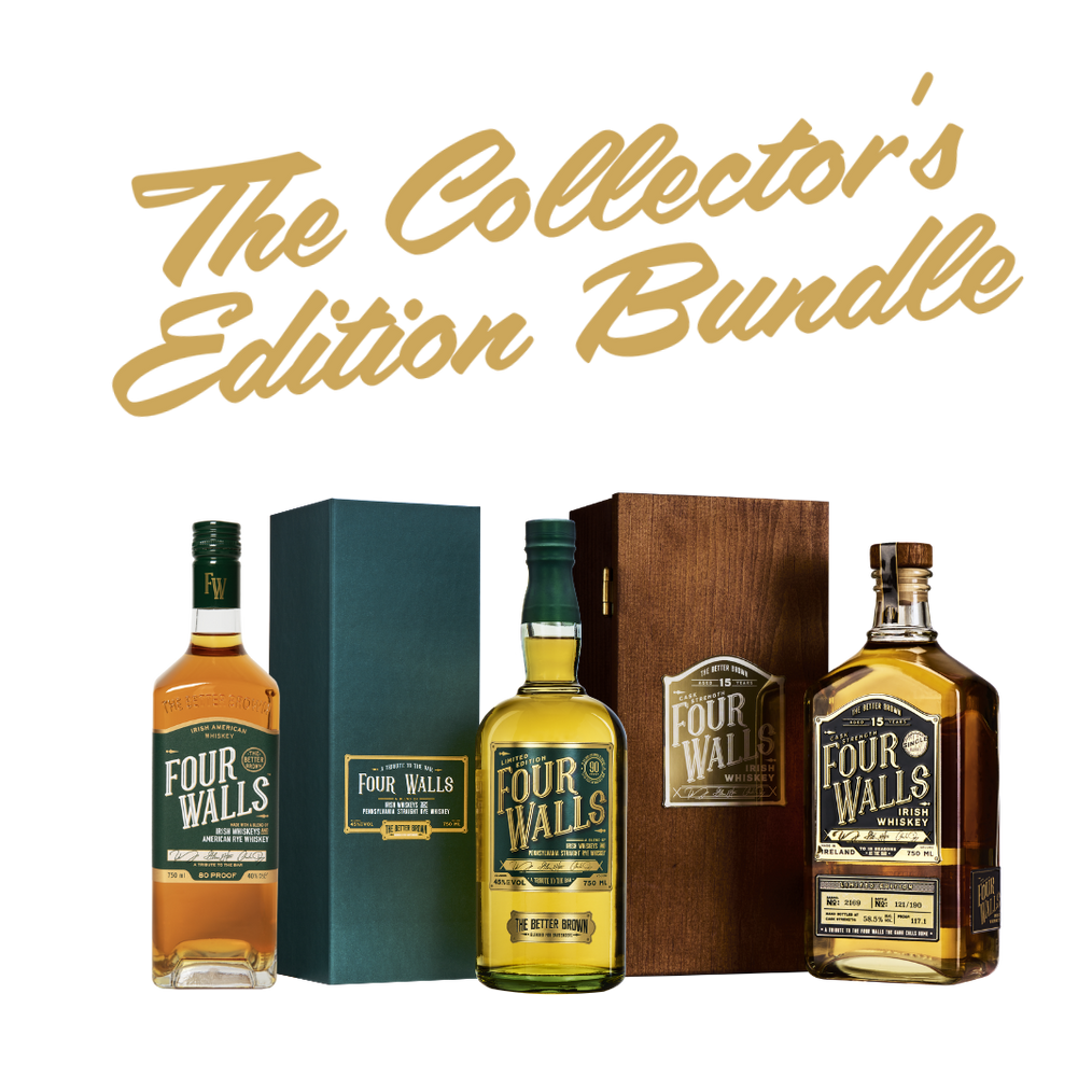 Three bottles of Four Walls whiskey with a wooden box labeled 'The Collector's Edition Bundle' on a white background.