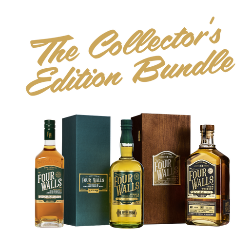 Three bottles of Four Walls whiskey with a wooden box labeled 'The Collector's Edition Bundle' on a white background.